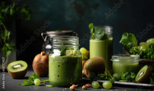 Glass jar mugs with green health smoothie, vegetarian, alkaline food concept, generative AI