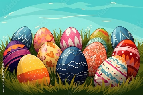 Cartoon Easter eggs on meadow green grass. Spring season. Painted and decorated eggs.