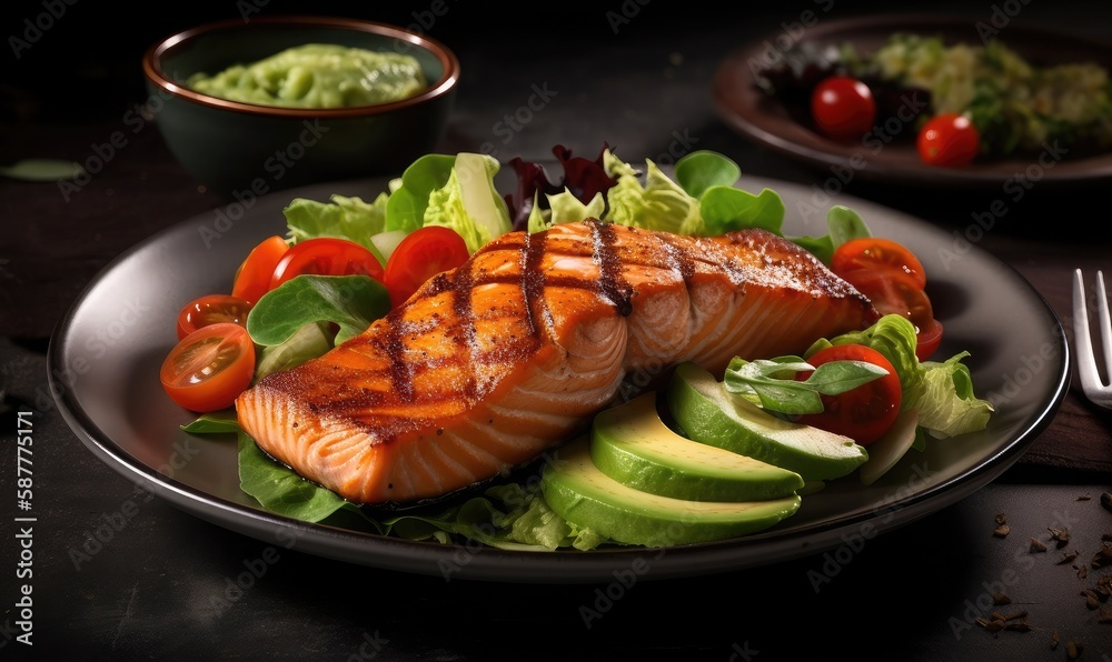 Grilled salmon fish fillet and fresh green lettuce vegetable tomato salad with avocado guacamole, generative AI Grilled salmon fish fillet and fresh green lettuce vegetable tomato salad with avocado guacamole, generative AI
