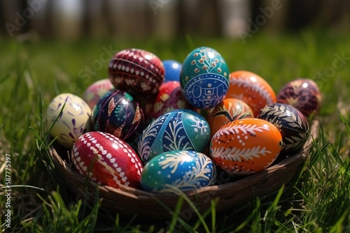 Cartoon Easter eggs on meadow green grass. Spring season. Painted and decorated eggs.