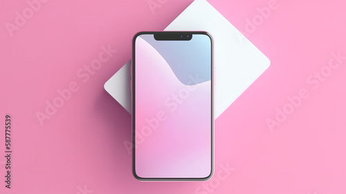Smartphone mock up screen, pink pastel flowers, floral feminine spring background. Mockup mobile phone blank white empty display shop app delivery concept. Top view above, flat lay. Generative AI.