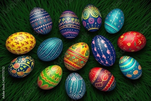 Cartoon Easter eggs on meadow green grass. Spring season. Painted and decorated eggs.