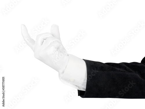 Close up of man hand in black suit and white glove holding, measuring or supporting something. Isolated png with transparency