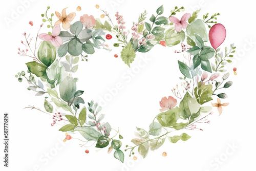 Watercolor Valentines Day Floral Heart Frame Wreath. Hand painted green eucalyptus leaves, forest fern, isolated on white background. Botanical illustration, wedding invitation. Generative AI. 