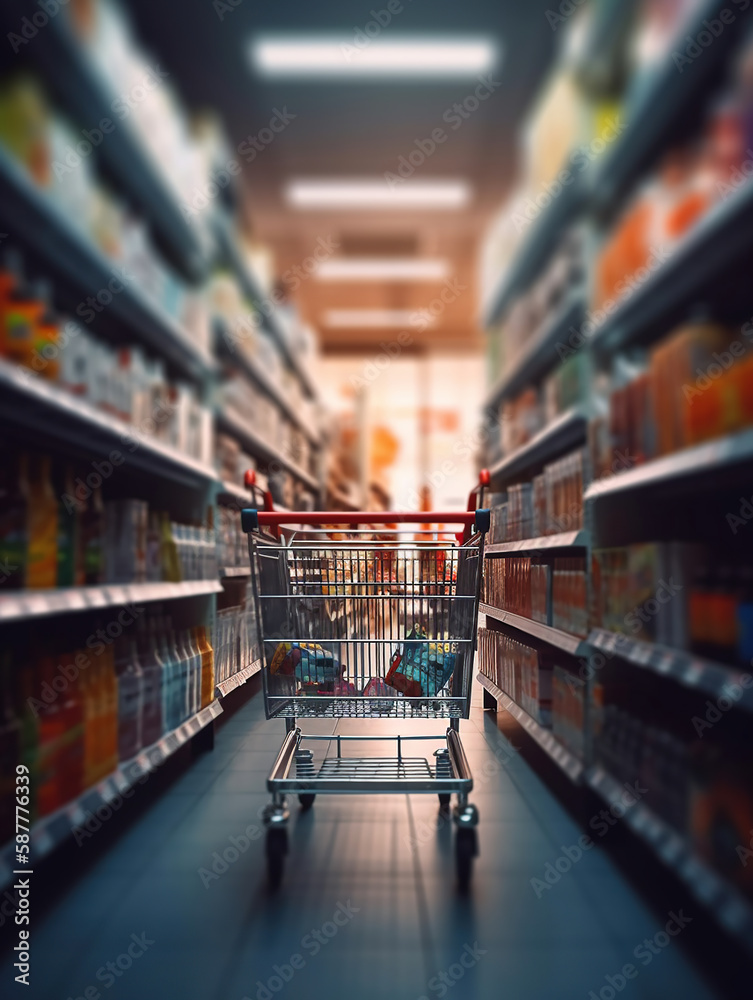 Shopping cart filled with food and drinks and supermarket shelves in the background. Generative Ai Shopping cart filled with food and drinks and supermarket shelves in the background. Generative Ai