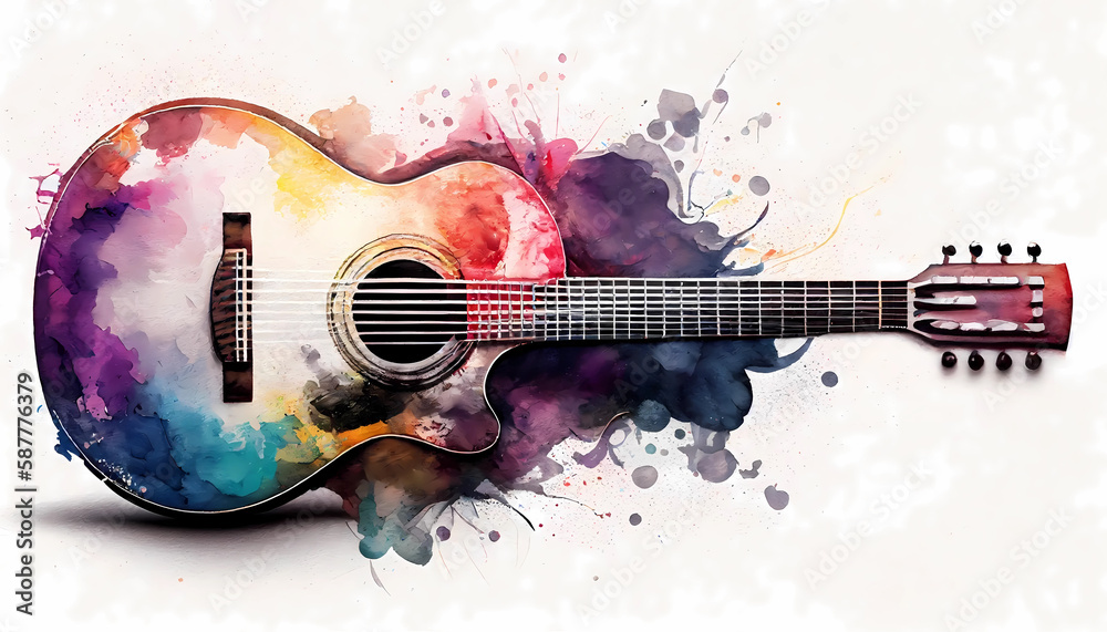 Acoustic guitar in watercolor style by Generative AI - obrazy, fototapety, plakaty 