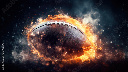American football ball in a burning fire flame. AI generated illustration
