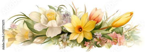 Watercolor banner with spring flowers and daffodils  AI generative