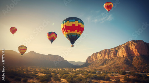 Colorful hot air balloons flying over mountain. Generative Ai