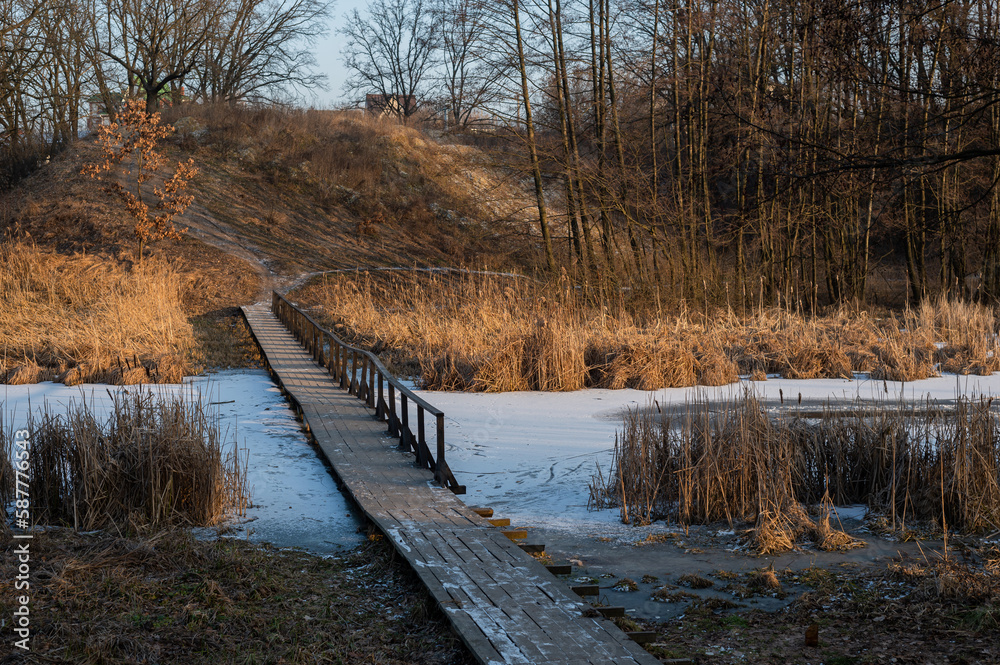 Winter landscape with a wooden bridge crossing a lake surrounded by reeds. Serene beauty of nature in the winter.