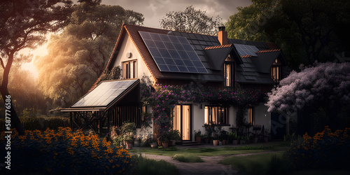 Modern house with solar panel and beautiful flower garden. Photovoltaic solar panels in modern house roof. Alternative and Renewable energy concept. Generative AI