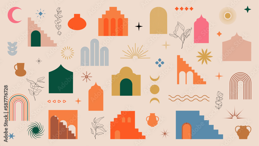 Vector set of design elements and illustrations in simple linear style - boho architecture design elements and ancient mphora silhouettes abstract shapes, hand drawn isolated icons. Vector set of design elements and illustrations in simple linear style - boho architecture design elements and ancient mphora silhouettes abstract shapes, hand drawn isolated icons.