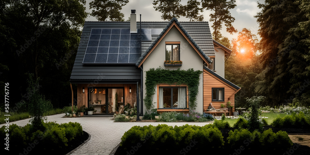 Modern house with solar panel installation, beautiful landscape in background. Photovoltaic solar panels in modern house roof. Alternative and Renewable energy concept. Containers House. Generative ai