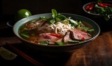 Pho Bo traditional Soup with beef, rice noodles, ginger, lime, chili pepper in bowl, Close up, Vietnamese and Asian cuisine, generative AI