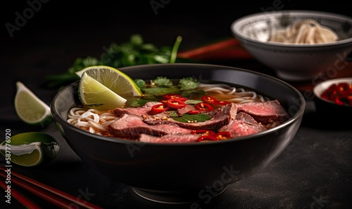 Pho Bo traditional Soup with beef, rice noodles, ginger, lime, chili pepper in bowl, Close up, Vietnamese and Asian cuisine, generative AI