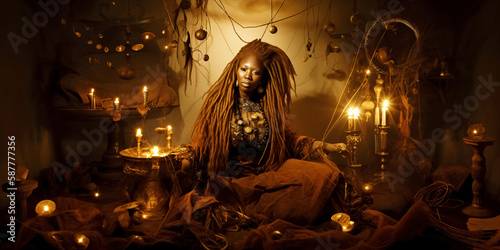 crazy voodoo priestess, spiritual ritual, fictional person created with generative ai photo