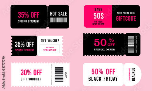 Coupon promotion illustration set, black friday gift voucher, discount collection, vector isolated 