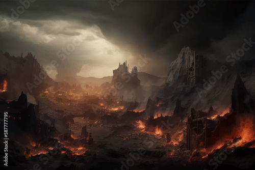 Terrifying Hell. Blazing Inferno - a fiery land ruled by demons. Abyss of Darkness - depth of evil. Realm of unimaginable fear. Underworld. Landscape of horror. World of monsters. 3D art photo