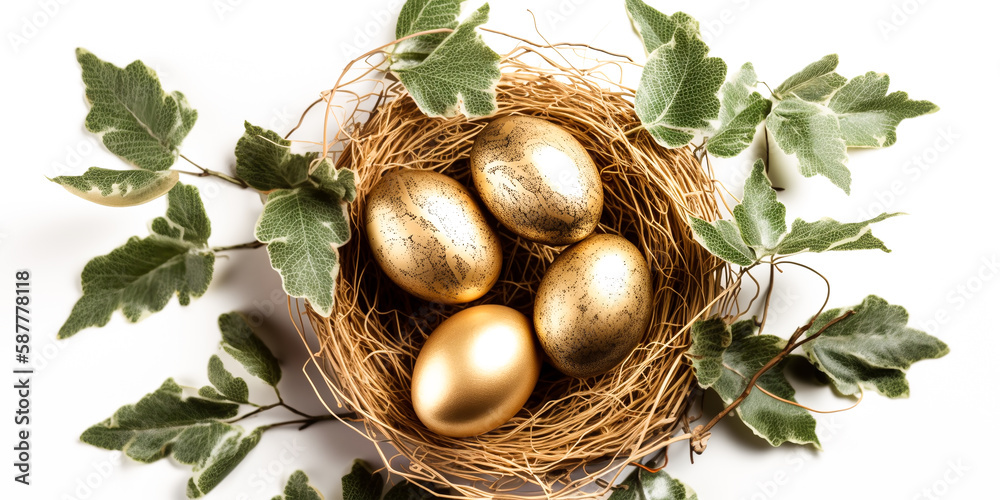 Easter holidays composition. Golden eggs in birds nest, green branches. Happy Easter background. Pastel. banner template.Top view. Flat lay mockup. Easter promotion and shopping poster. Generative Ai Easter holidays composition. Golden eggs in birds nest, green branches. Happy Easter background. Pastel. banner template.Top view. Flat lay mockup. Easter promotion and shopping poster. Generative Ai
