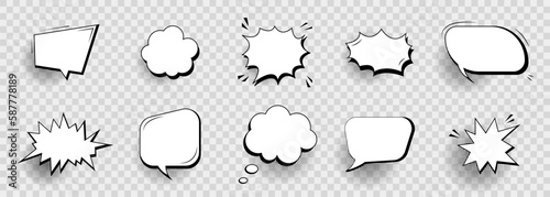 Retro empty comic speech bubbles set with black halftone shadows on transparent background.
Hand drawn pop art. Conversation text elements. Vector illustration.