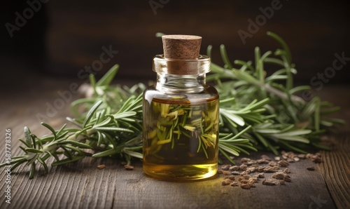 Rosemary herbal essential oil on the wooden background, generative AI