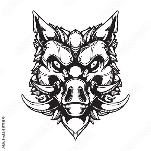 black and white boar tattoo artwork illustration © alis