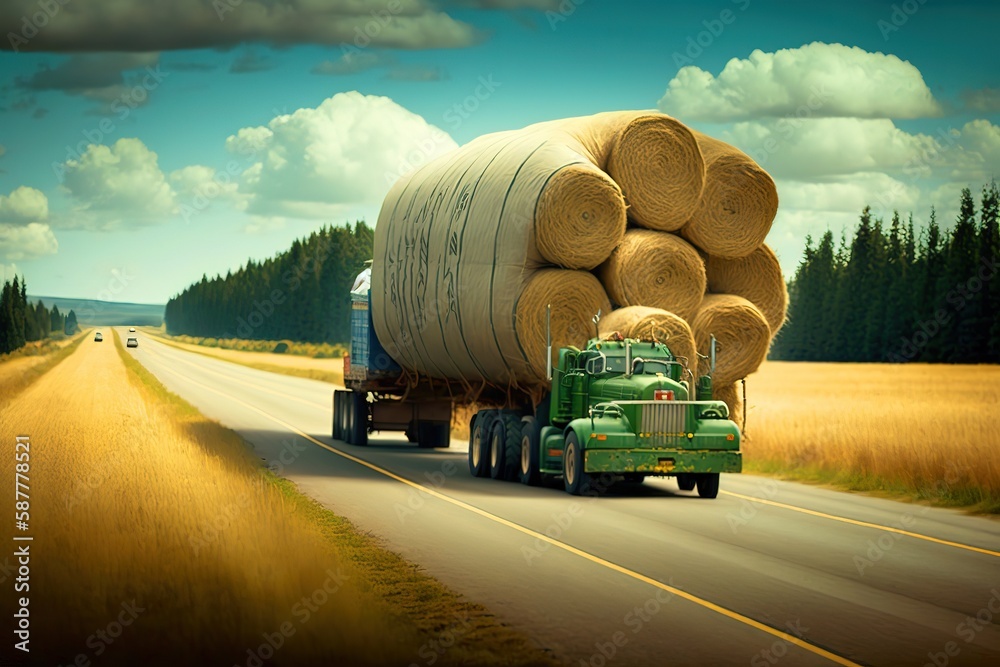Fototapeta premium A truck loaded with hay bales driving down a country road. Generative Ai.
