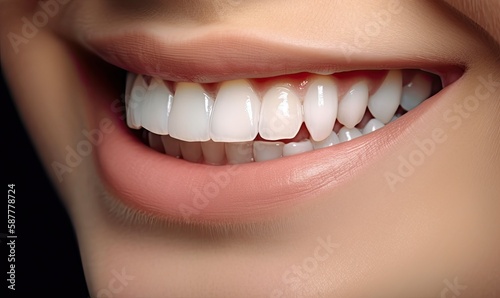 Perfect white teeth close up with shade guide bleach color, female veneer smile, dental care and stomatology, dentistry, generative AI