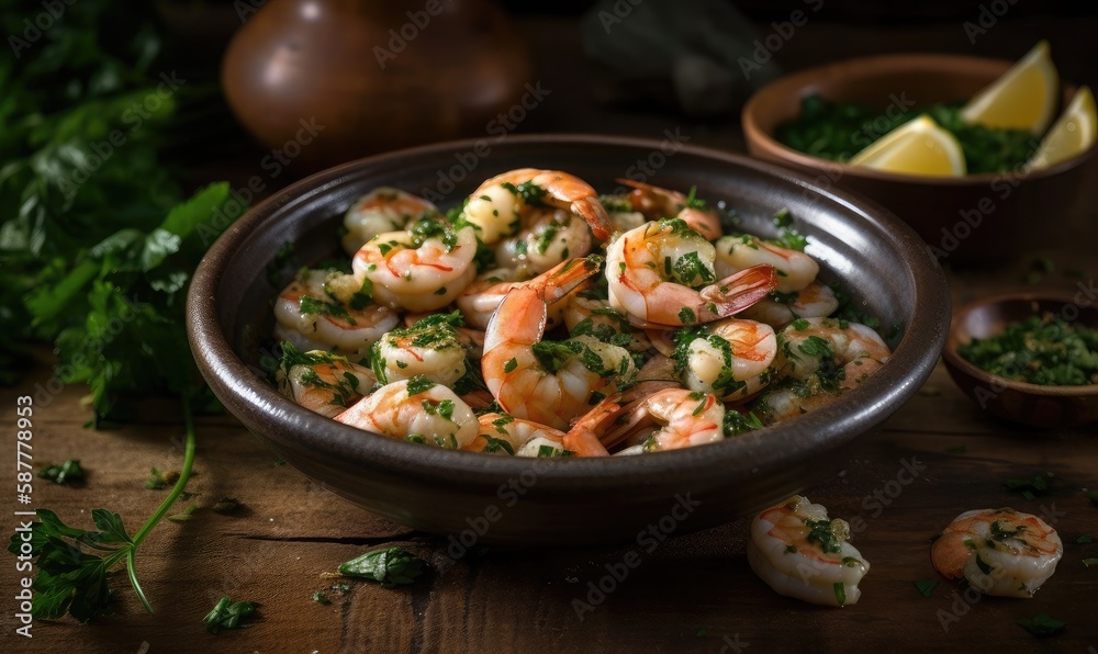 Traditional spanish shrimp with garlic and parsley, generative AI Traditional spanish shrimp with garlic and parsley, generative AI