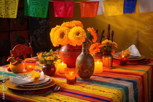 Cinco de Mayo Celebration: Festive Table Setting with Pottery and Marigolds