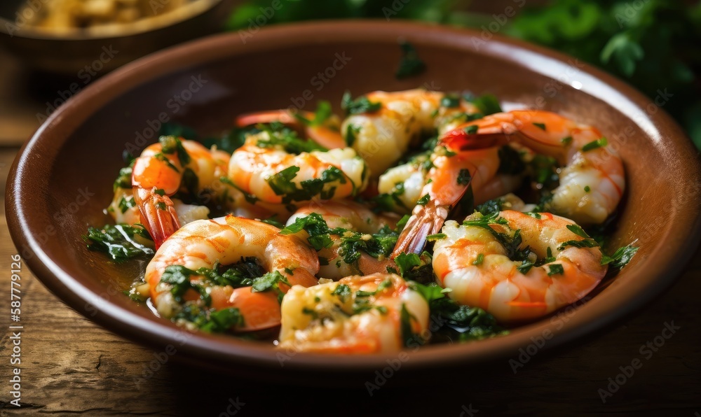 Traditional spanish shrimp with garlic and parsley, generative AI Traditional spanish shrimp with garlic and parsley, generative AI