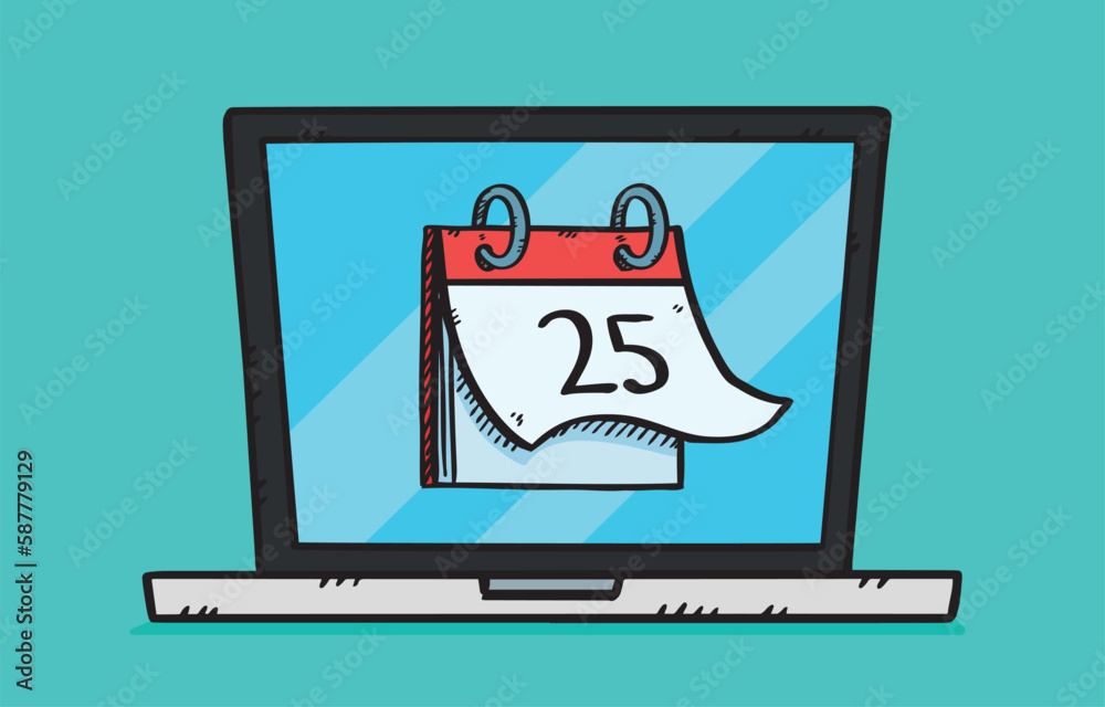 A hand-drawn vector graphic showing a laptop with a calendar application software. Colorful doodle illustration. A hand-drawn vector graphic showing a laptop with a calendar application software. Colorful doodle illustration.