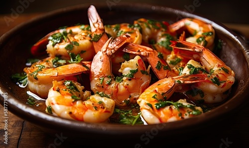 Traditional spanish shrimp with garlic and parsley, generative AI photo