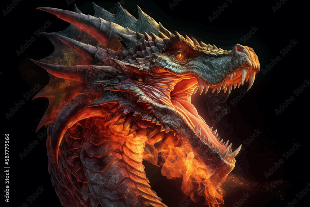 Head of Fantasy Dragon. Ferocious monster. Vicious dragon with a gaping maw. Beast showing its might. Savage creature. Fierce. Angry. Menacing. Terrifying. 3D vector illustration. Image. Digital Head of Fantasy Dragon. Ferocious monster. Vicious dragon with a gaping maw. Beast showing its might. Savage creature. Fierce. Angry. Menacing. Terrifying. 3D vector illustration. Image. Digital