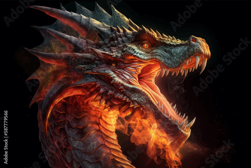Head of Fantasy Dragon. Ferocious monster. Vicious dragon with a gaping maw. Beast showing its might. Savage creature. Fierce. Angry. Menacing. Terrifying. 3D vector illustration. Image. Digital © Zakhariya