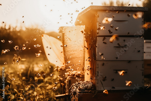 A swarm of bees flying around the hive after a day of collecting nectar from flowers against the setting sun, golden hour. The concept of beekeeping and keeping bees. Generative ai