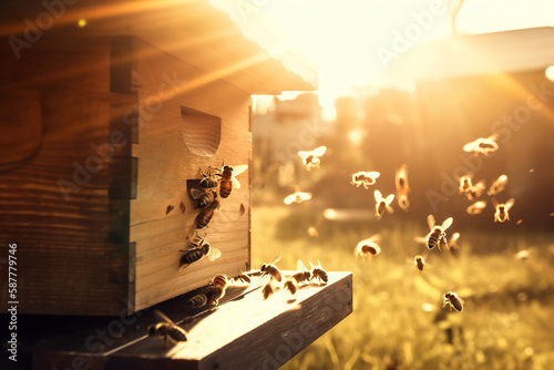 Fotografie, Obraz A swarm of bees flying around the hive after a day of collecting nectar from flowers against the setting sun, golden hour