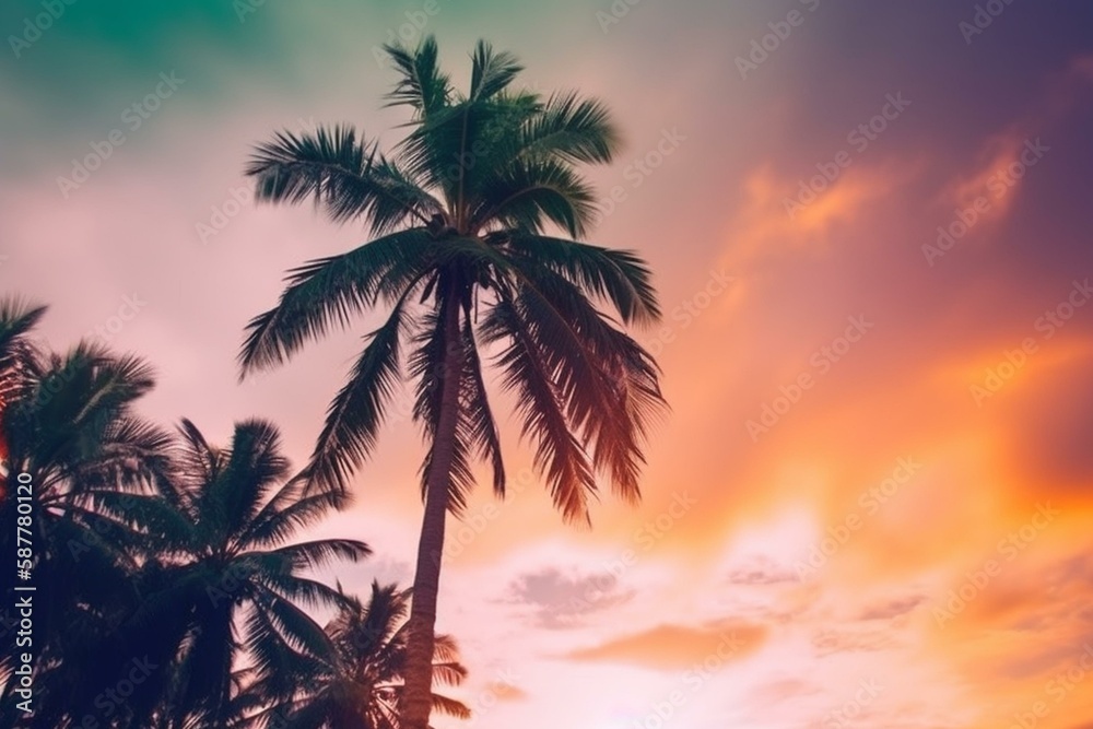 green palm, colorful sky, summer Generative AI