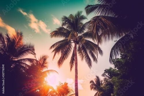  green palm, colorful sky, summer Generative AI