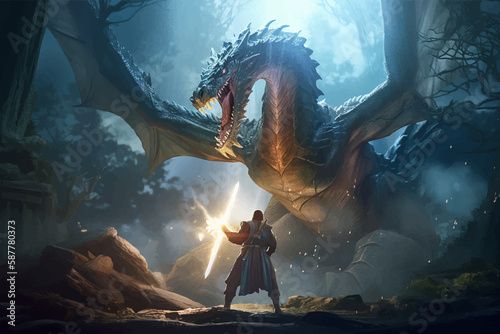 Wizard and huge dragon. Fantasy scene in the cave. Battle of a magician with a mythical creature. Fight against monster. Combat. 3D vector illustration. Image. Digital painting. © Zakhariya