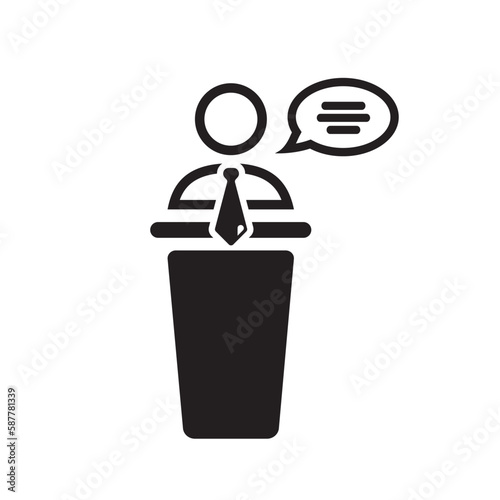 Speaker vector icon. Podium speech sign. Conference presentation speech icon. Tribune orator speech sign. Audience spokesman symbol. Politician pictogram. UX UI icon