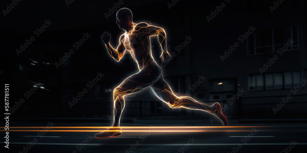 Fototapeta premium Night Running man in a quick motion. Be Active background wallpaper. Generative AI