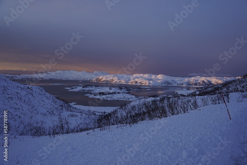 snowy nature landscape at sunset in tromso  norway