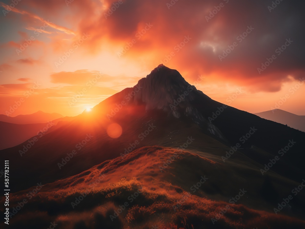 Beautiful sunset in the mountains. Dramatic sky. Beauty world.