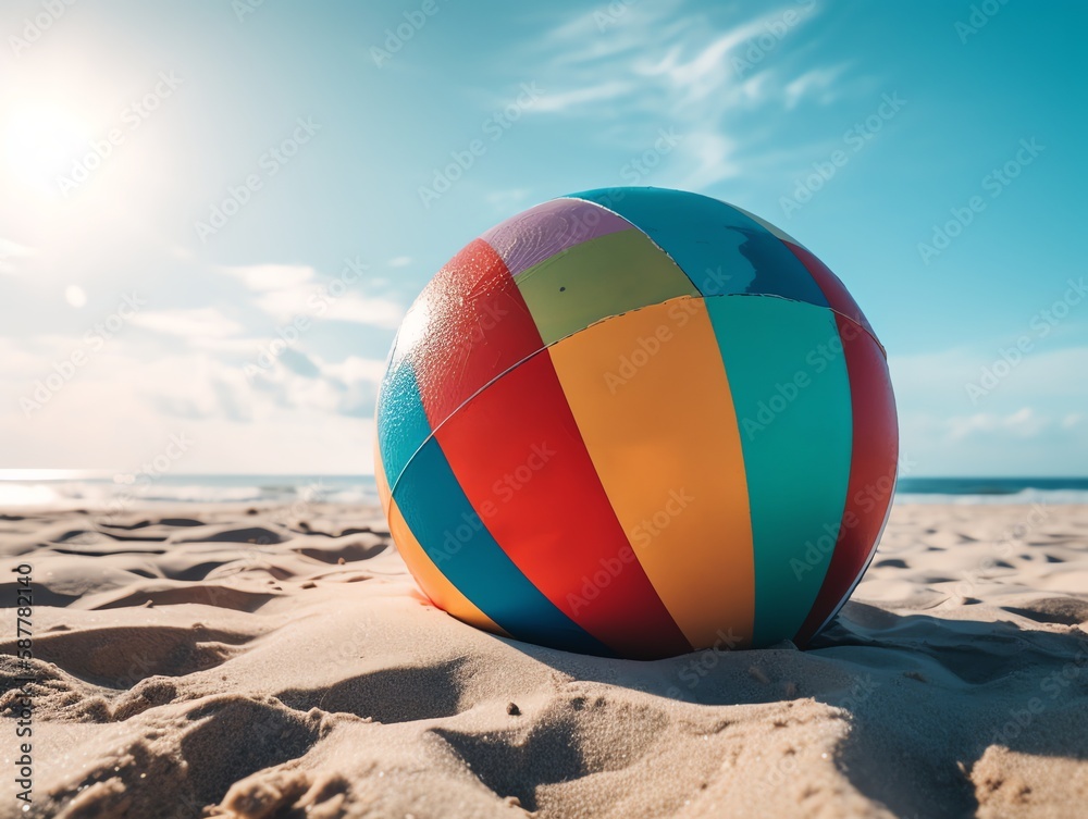 Colorful beach ball on the sand with blue sky and sun.