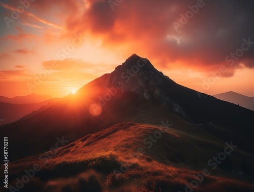 Beautiful sunset in the mountains. Dramatic sky. Beauty world.