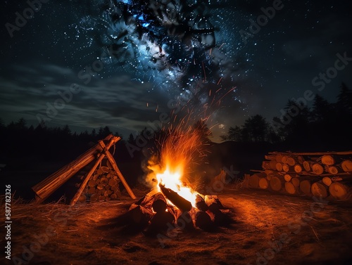 Bonfire in the forest at night. Burning campfire in the forest at night