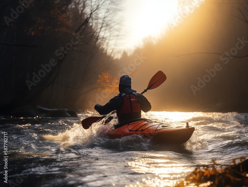 Man kayaking on the river in the early morning. Sport and active lifestyle concept.