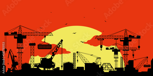 Sunset silhouette on the harbor. Ship with cargo and lighthouse