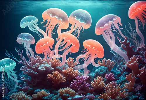 Magical fantasy underwater world with glowing jellyfish, corals and anemones. Generative AI